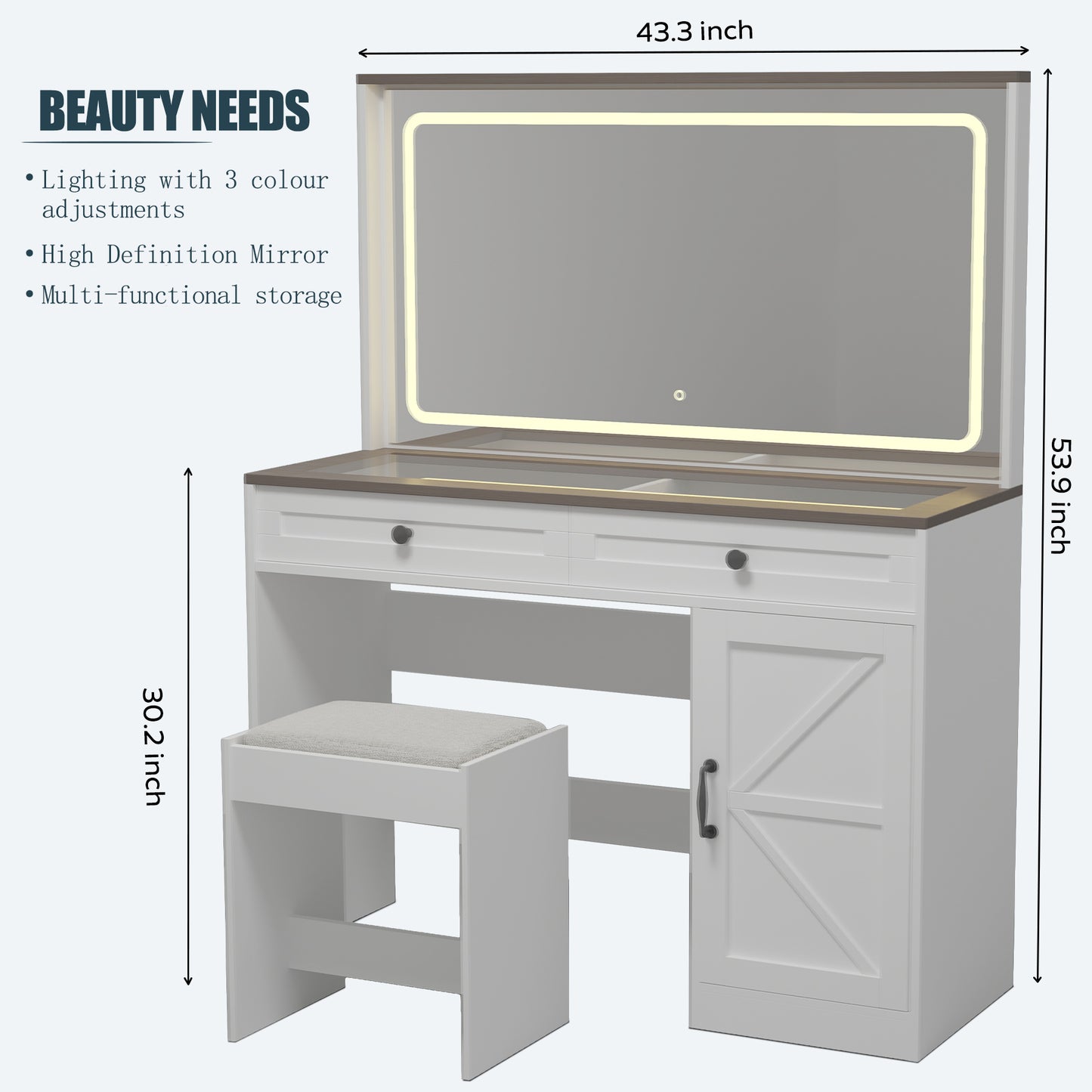 43.3"Makeup Vanity Table, Makeup Table with Large Mirror and LED Light Strip, Brightness Adjustable, Dressing Table Desk with 3 Drawers, Vanity Desk for Women(White with Stool)