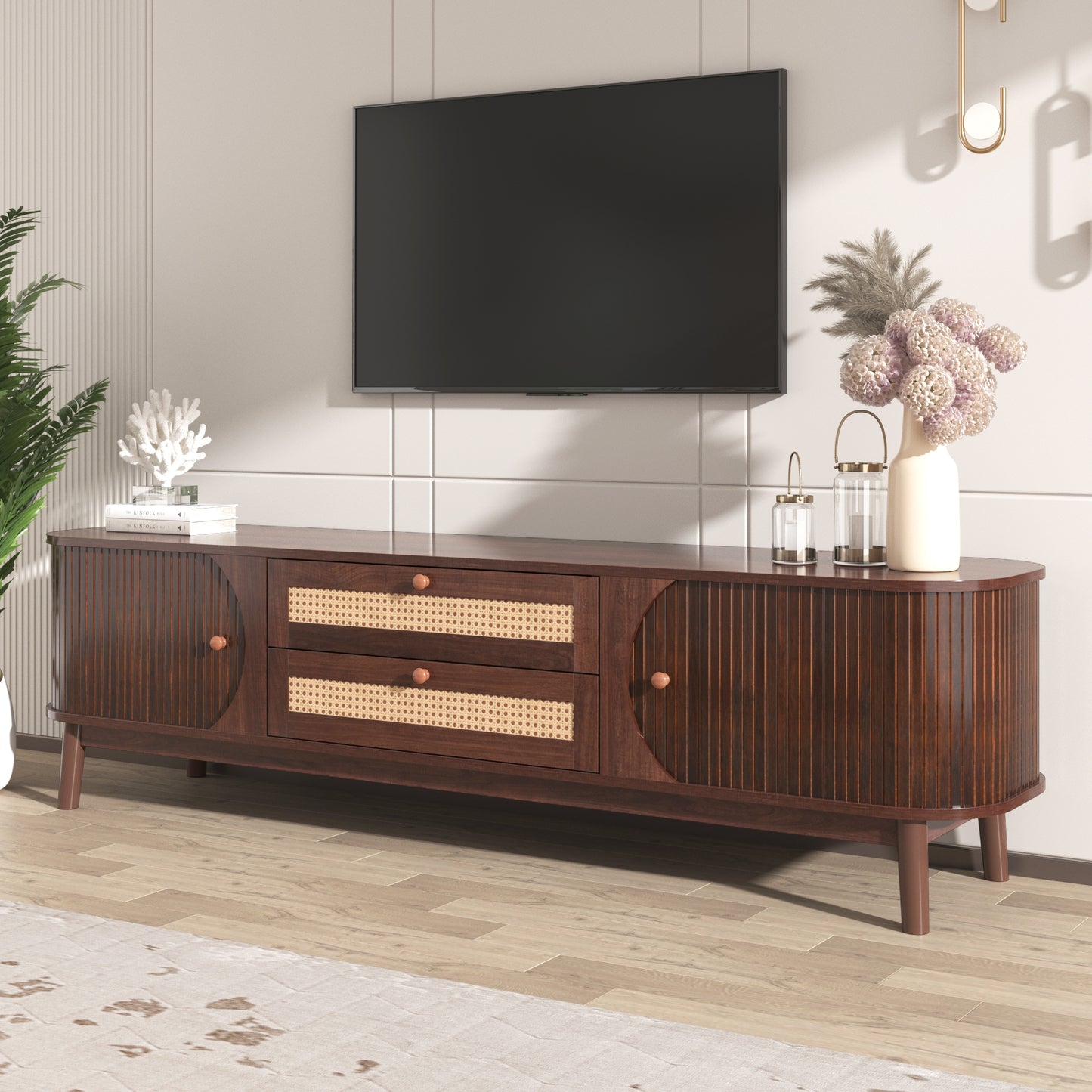 Rattan TV Stand for TVs up to 75'', Modern Farmhouse Media Console, Entertainment Center with Solid Wood Legs, TV Cabinet for Living Room,Home Theatre