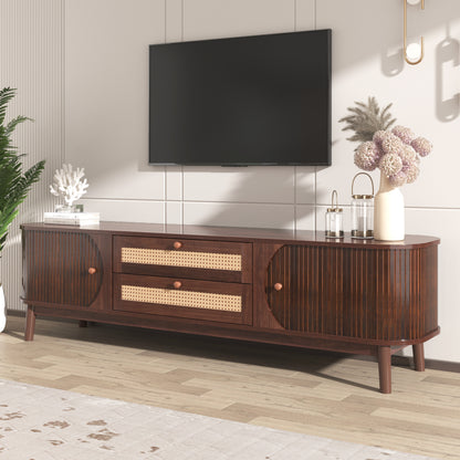 Rattan TV Stand for TVs up to 75'', Modern Farmhouse Media Console, Entertainment Center with Solid Wood Legs, TV Cabinet for Living Room,Home Theatre