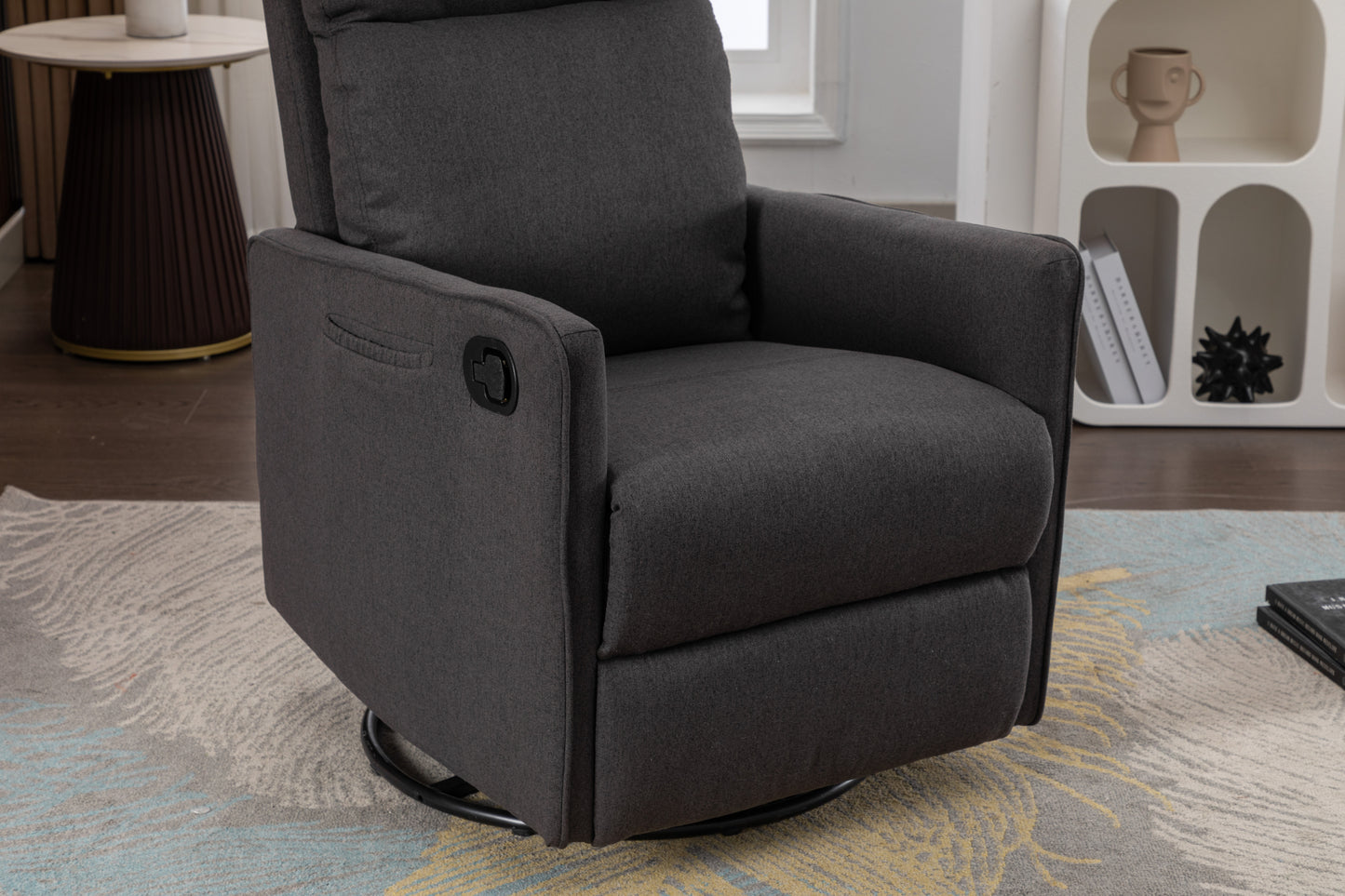 038-Cotton Linen Fabric Swivel Rocking Chair Glider Rocker Recliner Nursery Chair With Adjustable Back And Footrest For Living Room Indoor,Dark Gray