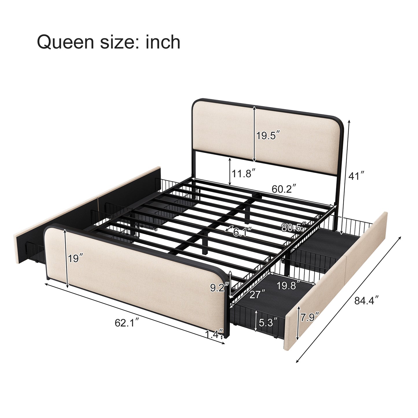 Modern Metal Bed Frame with Curved Upholstered Headboard and Footboard Bed with 4 Storage Drawers, Heavy Duty Metal Slats, Queen Size, Beige