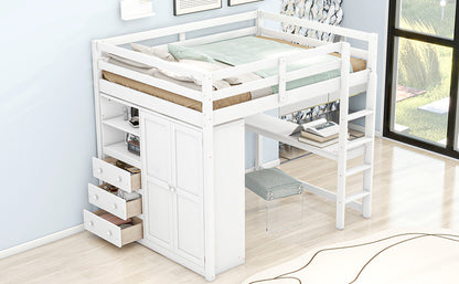 Wood Full Size Loft Bed with Built-in Wardrobe, Desk, Storage Shelves and Drawers, White