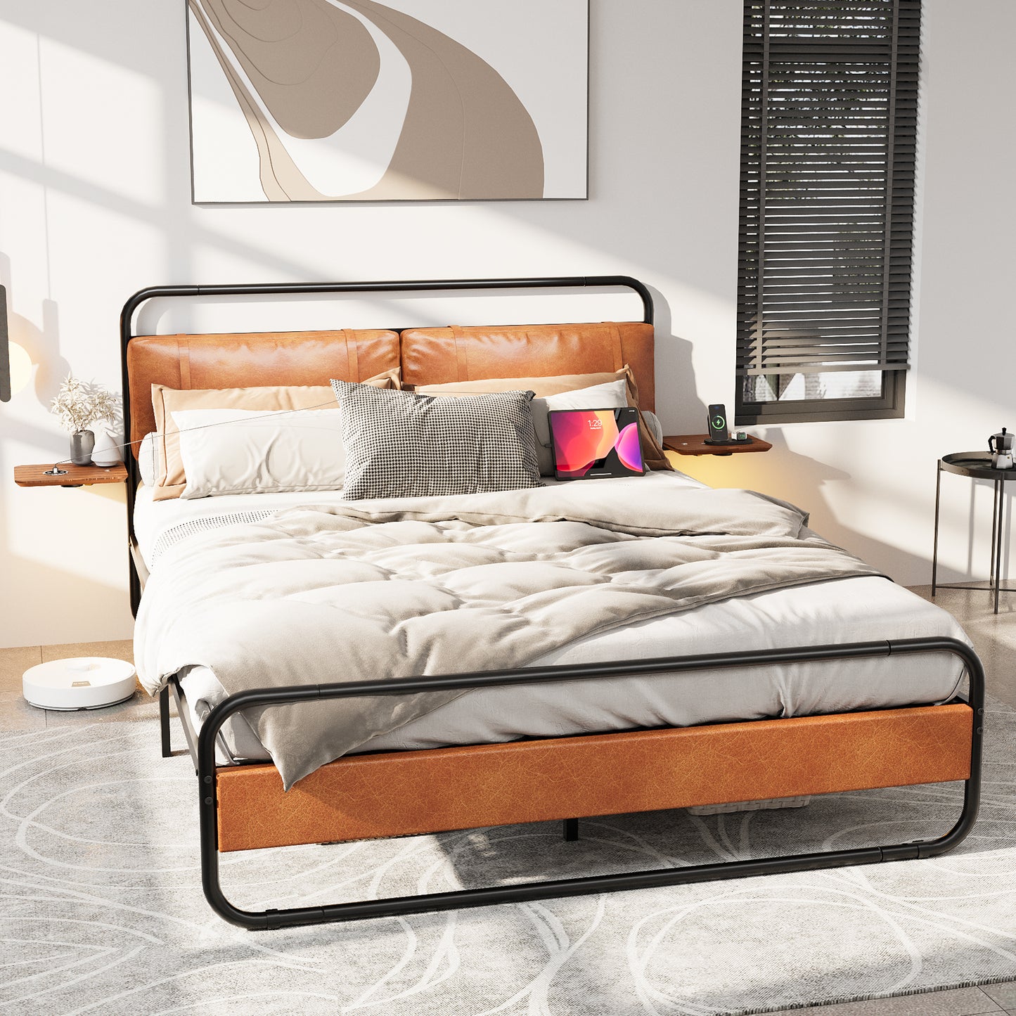 King Size Metal Bed Frame with Upholstered Headboard,  with wireless charging and USB A & USB C, Touch LED light,Oval-Shaped Platform Bed with Under-Bed Storage, No Box Spring Needed, Vintage Brown