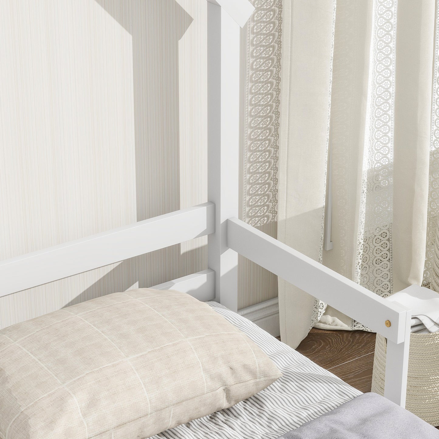 Twin House-Shaped Headboard Floor Bed with Handrails ,slats,White