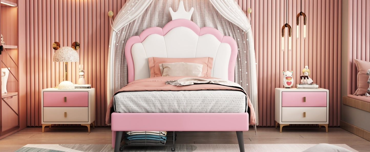 Twin Size Upholstered Princess Bed With Crown Headboard and 2 Drawers,Twin  Size Platform Bed with Headboard and Footboard,White+Pink