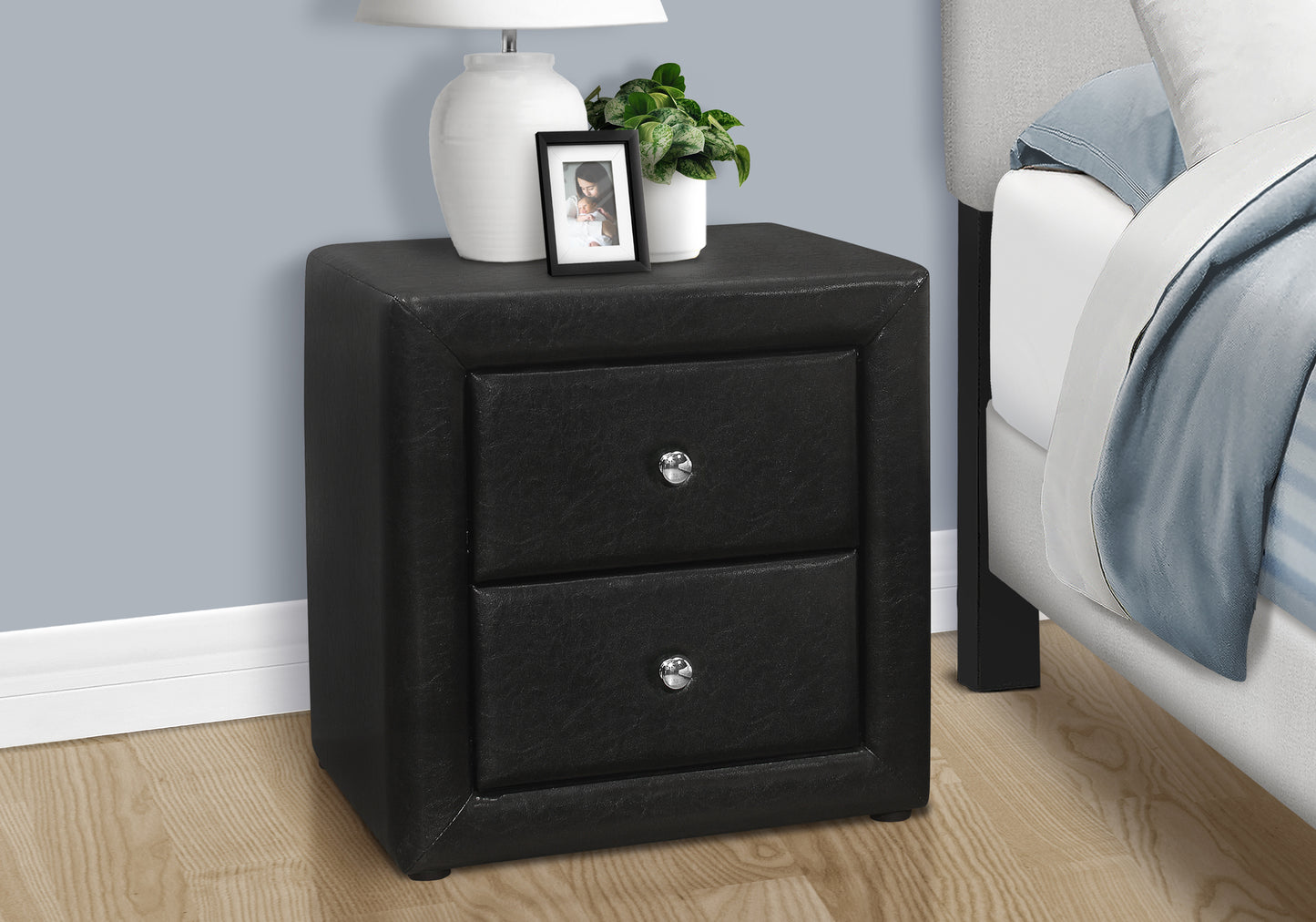 Nightstand, Nightstand, End, Side, Lamp, Storage Drawer, Bedroom, Upholstered, Black Leather Look, Transitional