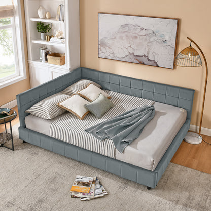 Queen Size Upholstered Tufted Bed Frame, Sofa Bed Frame with Comfortable Backrest and Armrests, Queen Size Bed for Bedroom, Living Room,Velvet, GREY(85.5''*64.5''*30.5'')