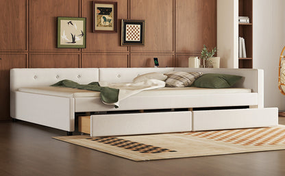 Queen Size Upholstered Platform Bed with USB and 2 Drawers, Beige