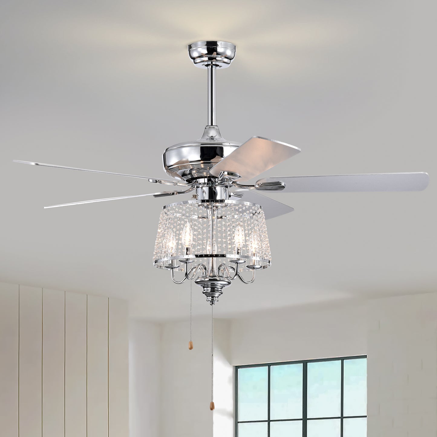 52 Inch Crystal Ceiling Fan , Modern Electrical Fan with 5 Wood Reversible Blades,  4 Bulbs Not Included,Noiseless Reversible AC Motor for Bedroom/Living Room/Study/Patio Home Decoration  (Chrome)