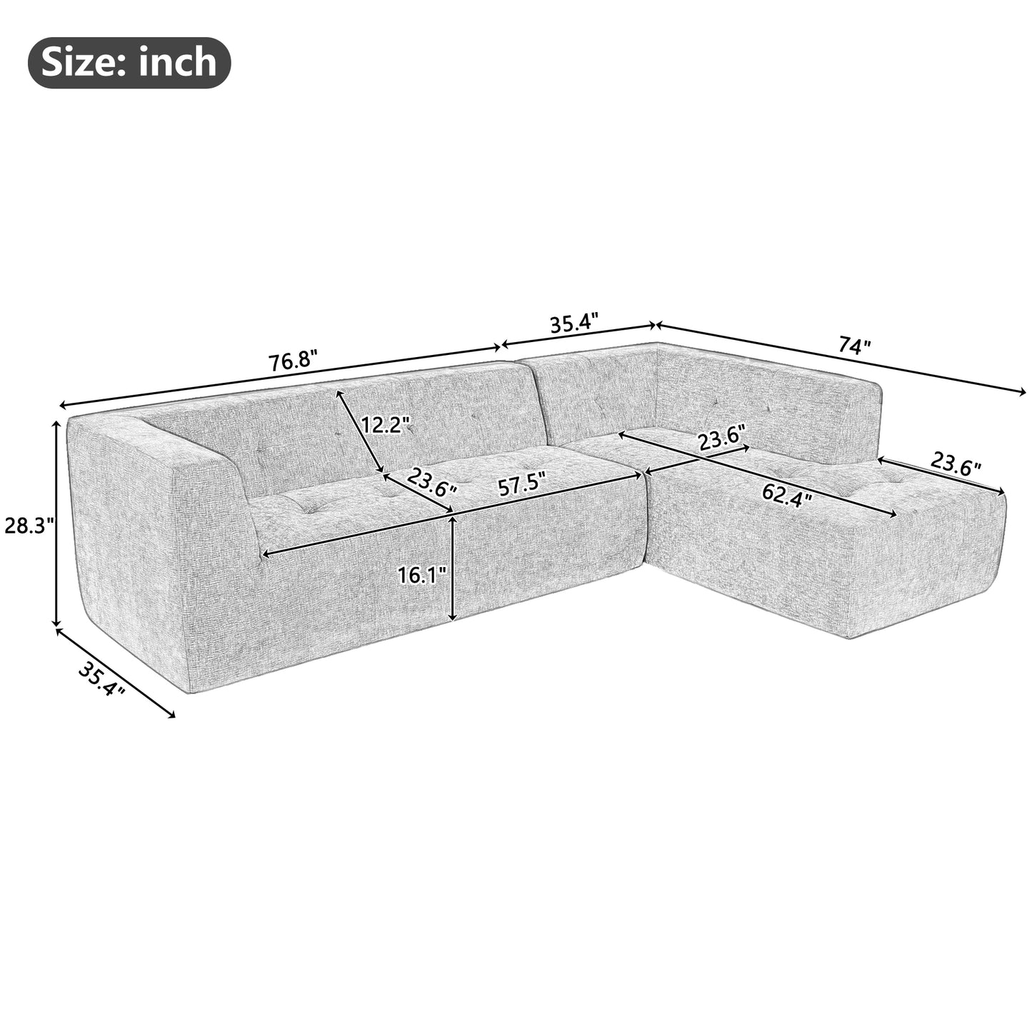 112.2*74" Modular Modular Combination Living Room Sofa Set, Modern Minimalist Sofa, Living Room Upholstered Sofa Bed, Bedroom, 2pcs Computer Free Combination, L-Shaped,Blue Gray