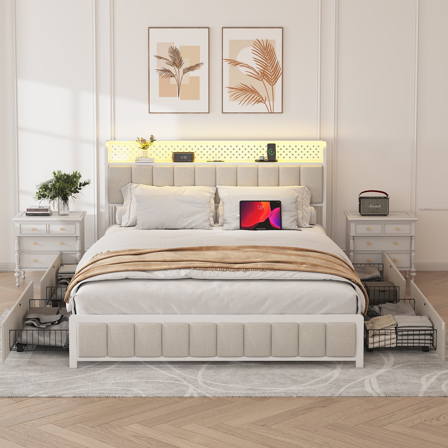 Queen Size Platform Bed with 4 Drawers, Metal Bed Frame with LED Lights and Charging Station, No Box Spring Needed, (Beige),  Noise Free,Easy Assemble.