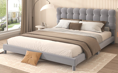 Queen Size Upholstered Platform Bed with Soft Headboard,Gray