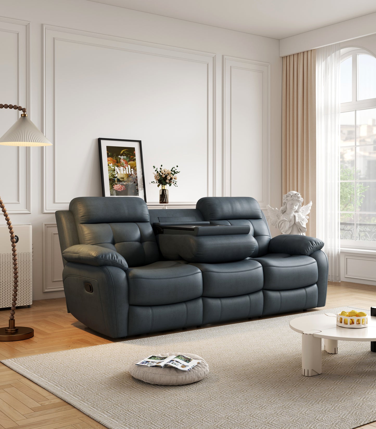 Genuine Leather Non-Power Reclining Sofa with Drop Down Table,Stainless Steel Cupholders and Magazine bag- Blue