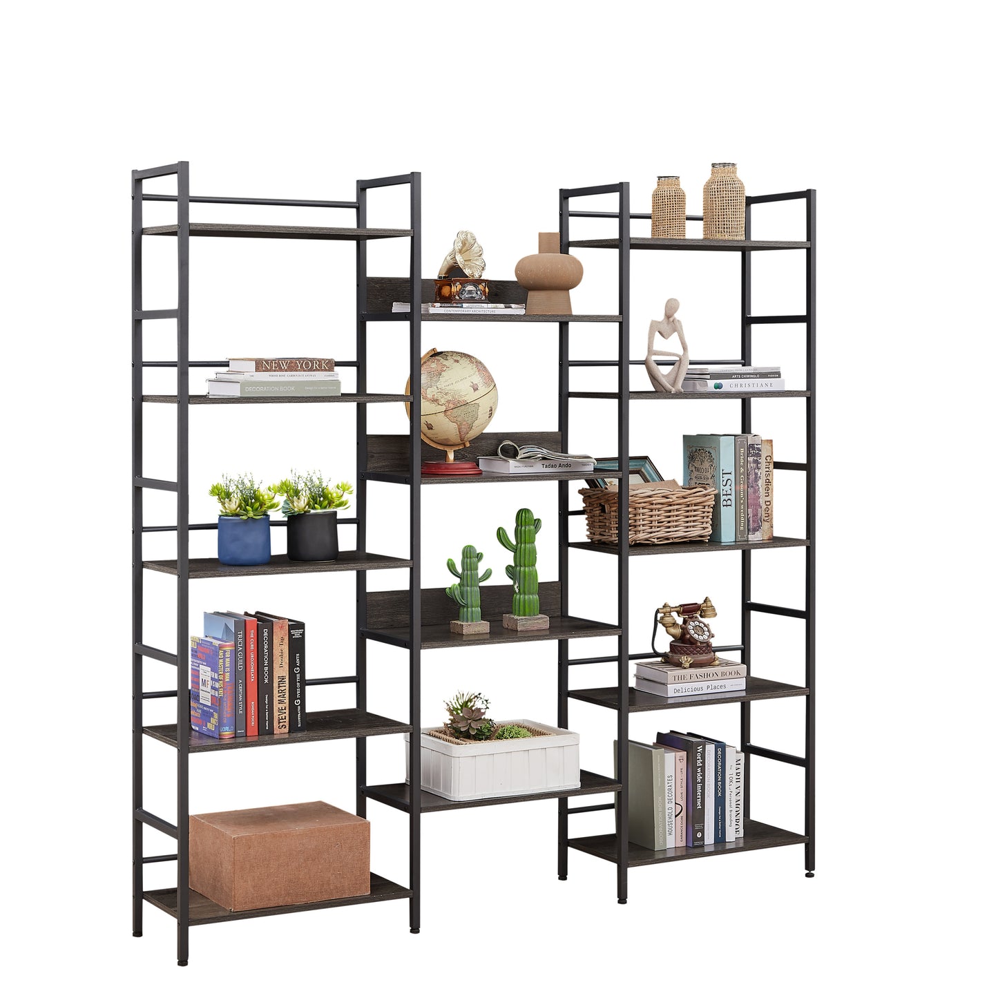 Triple Wide 5-shelf Bookshelves Industrial Retro Wooden Style Home and Office Large Open Bookshelves, Dark Grey, 69.3"W x 11.8"D x 70.1"H