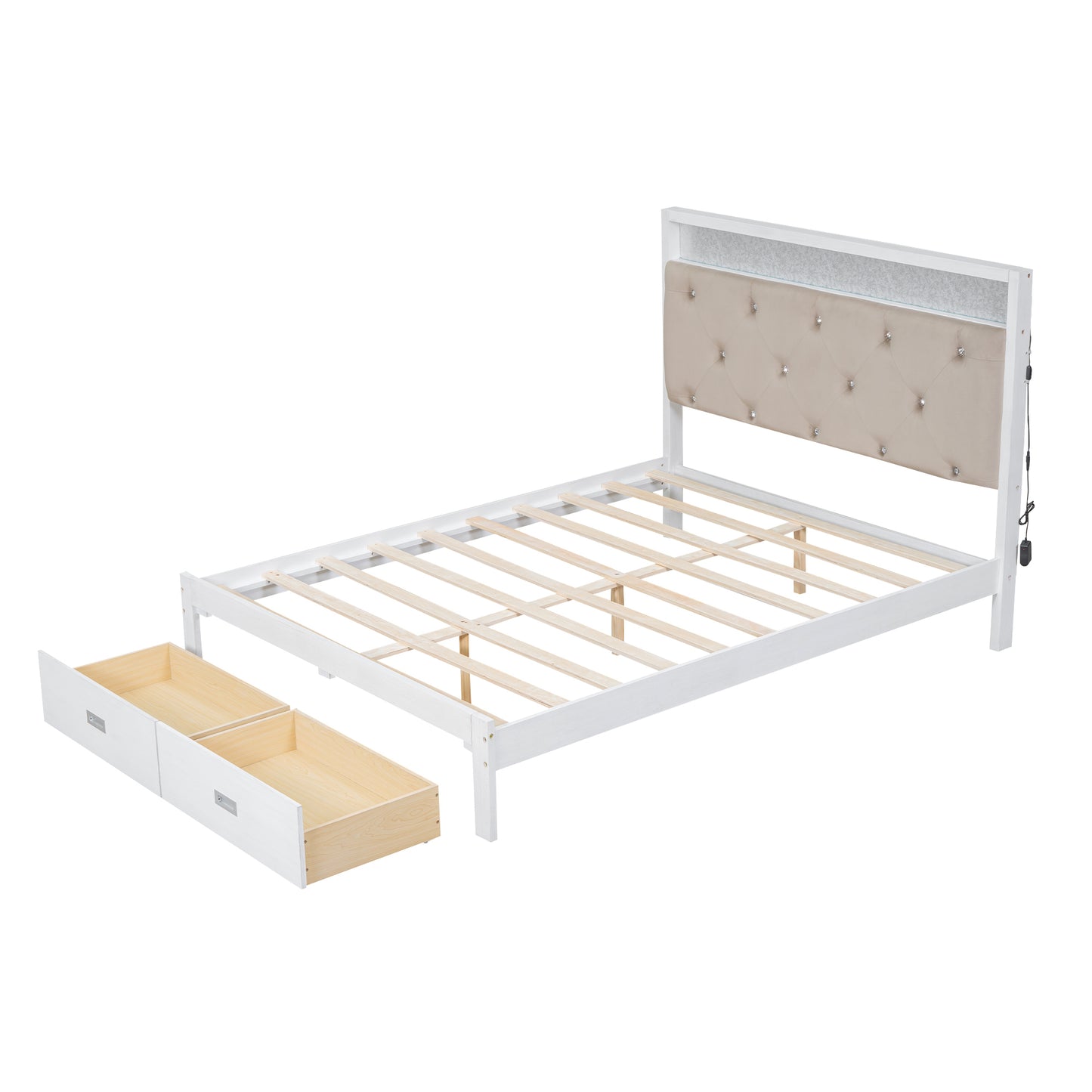 Wood Queen Size Platform Bed with Upholstered Headboard and LED and 2 Drawers, Antique White