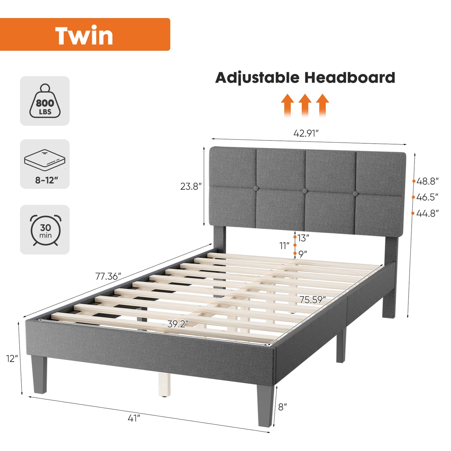 Twin Size Wood Bed Frame - Linen Upholstered Platform Bed with Headboard, No Box Spring Needed with 800LBS Sturdy Wooden Slats Support, Noise Free, Easy Assembly, Grey