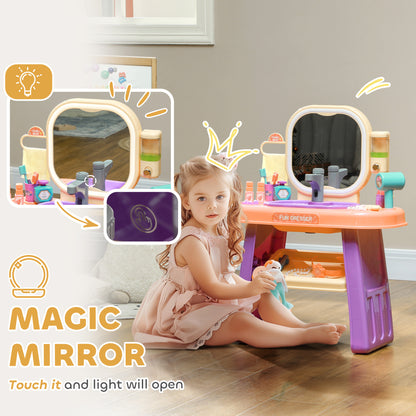 Qaba Kids Vanity Set, Toddler Makeup Table with Faucet, Mirror, LED Light, Music, 23 Accessories, Pretend Play Set for Girls 3-6 Years, Purple