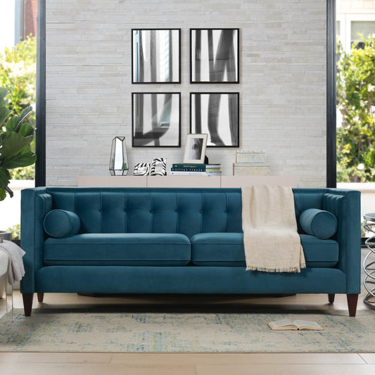 Jack 84" Modern Tuxedo Tufted Sofa, Satin Teal Blue Velvet