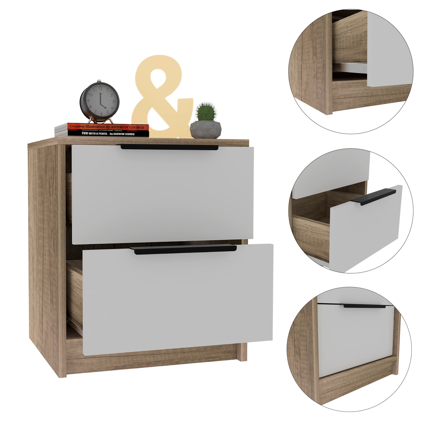 Kaia Nightstand , End Table, Side Table Two Drawers, Metal Handle -White / Pine