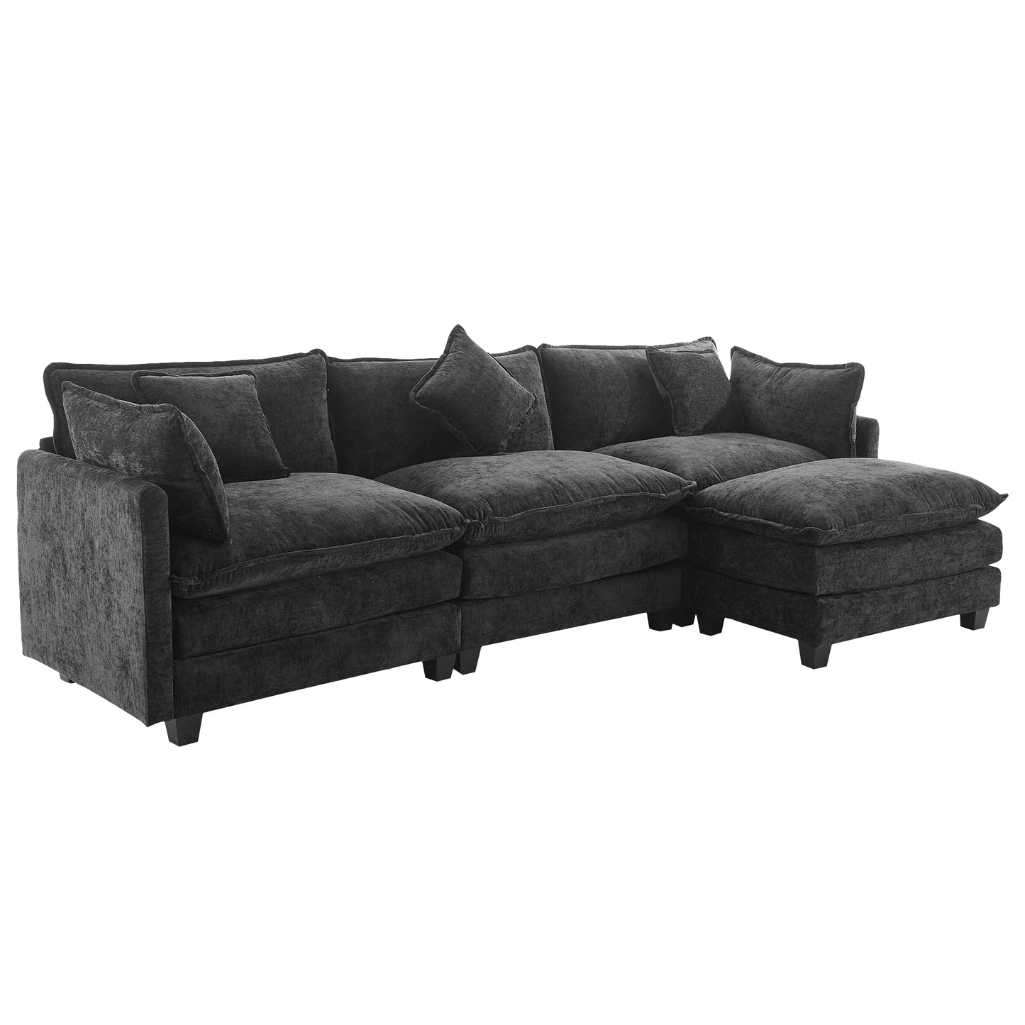 112.2" L-Shape Chenille Upholstered Sofa for Living Room Modern Luxury Sofa Couch with Ottoman and 5 Pillows for Living Room (SG001160AA), Black