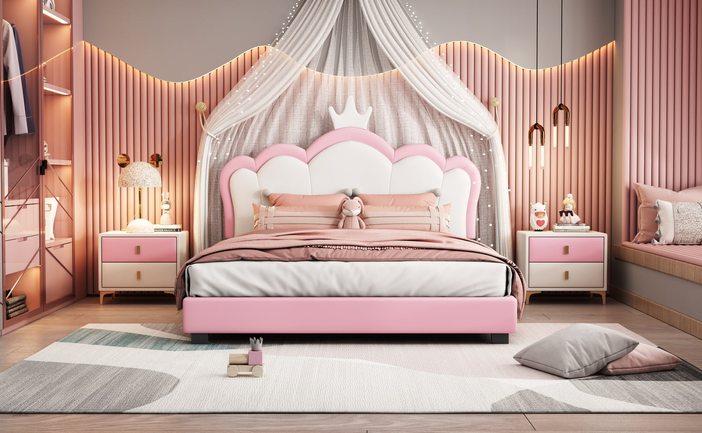 Full size Upholstered Princess Bed With Crown Headboard,Full Size Platform Bed with Headboard and Footboard, White+Pink