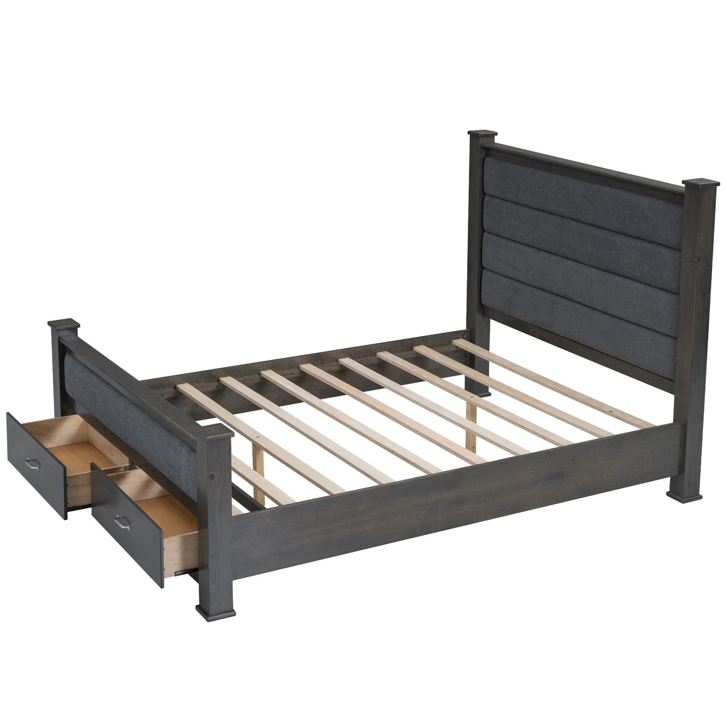 Queen Size Wood Frame Platform Bed with Upholstered Headboard, Footboard and 2 Drawers, Antique Gray