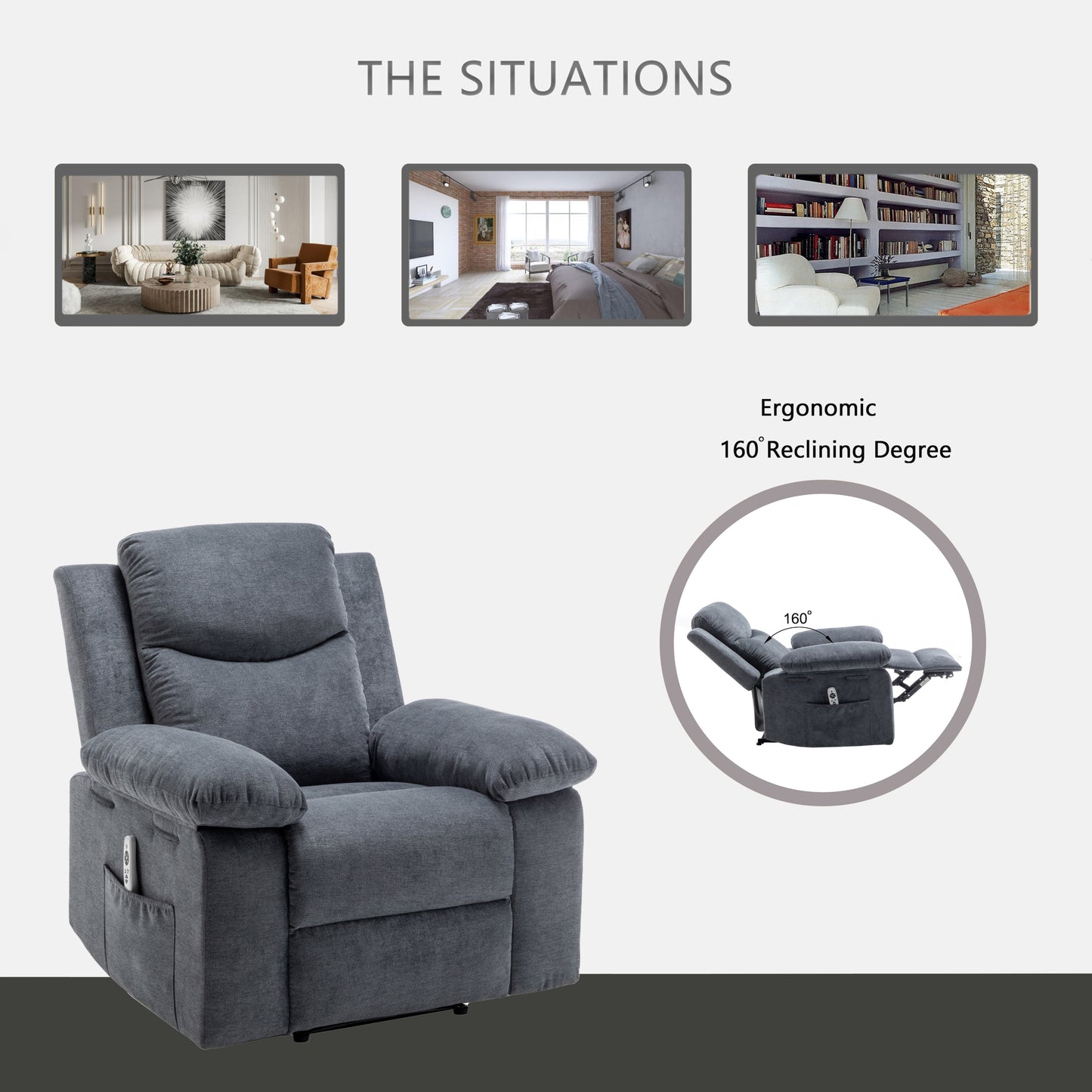 Power Recliner Chair with Adjustable Massage Function, Velvet Electric Power Chair for Elderly with One Side Pockets, Recliner Chair with Heating System for Living Room,Dark Gray