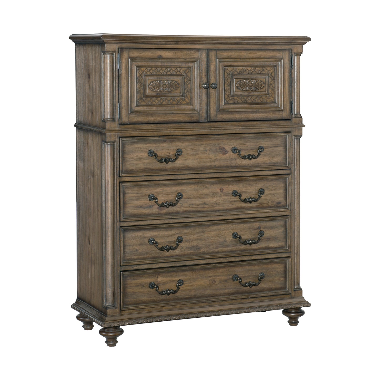 Traditional Vintage Style 1pc Chest of Drawers Top Cabinet Shelf Metal Hardware Weathered Pecan Finish Classic Bedroom Furniture