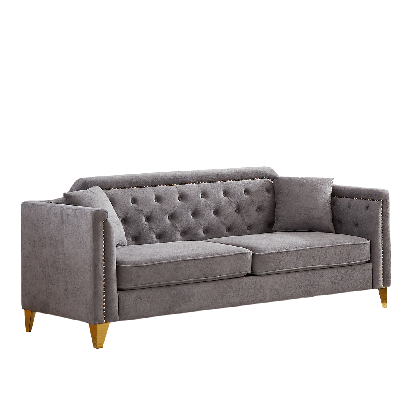 FX 81"Mid-century design modern sofa,Chenille Pull Buckle Design Sofa for Living Room,Buttons Tufted With Copper Nail Decoration Armrest, with 2 Pillows,Modern Couch Upholstered Button And Metal Leg