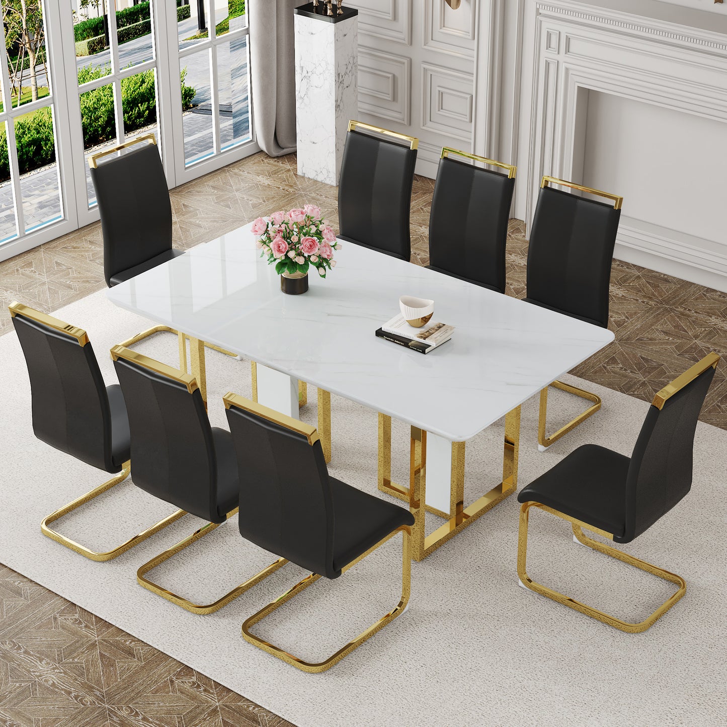 Table and chair set.67"x36" White marble pattern MDF Dining Table Set with 8 Black PU Chairs.MDF sticker,White marble pattern sticker,Gold C-tube chair legs,Suitable for kitchen,Dining room,etc.