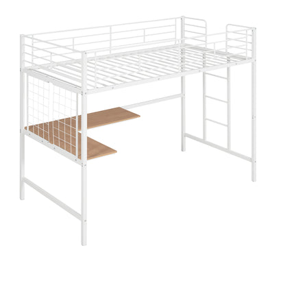 Twin Metal Loft Bed with Desk and Metal Grid,White