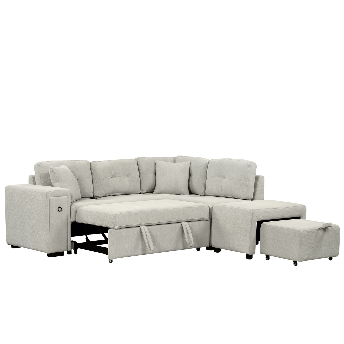 86.6" Sectional Sofa L-shaped Sofa Couch Pull-out Sofa Bed with a Movable Ottoman, Two USB Ports and Two Cup Holders for Living Room, Gray