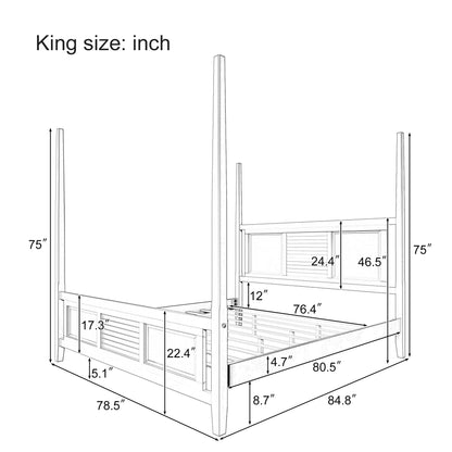 Traditional King Size Solid Wood Four Poster Bed with Horizontal Grille Design, White