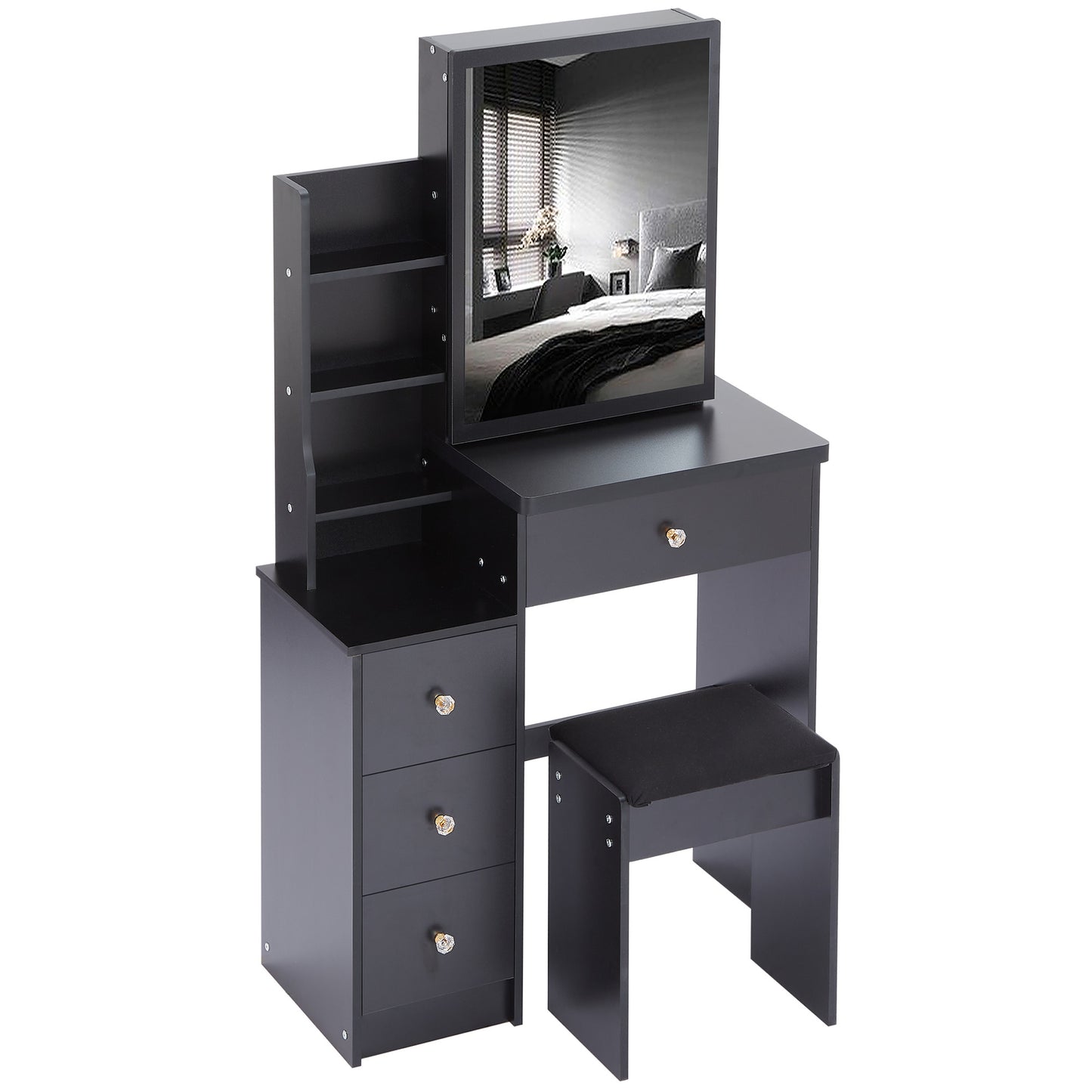 Small Size Left Bedside Cabinet Vanity Table + Cushioned Stool, Extra Large Sliding Mirror, Multi Layer, High Capacity Storage Fashionable Dresser, Suitable for Small Space, EPA,GCC,UL Certificate