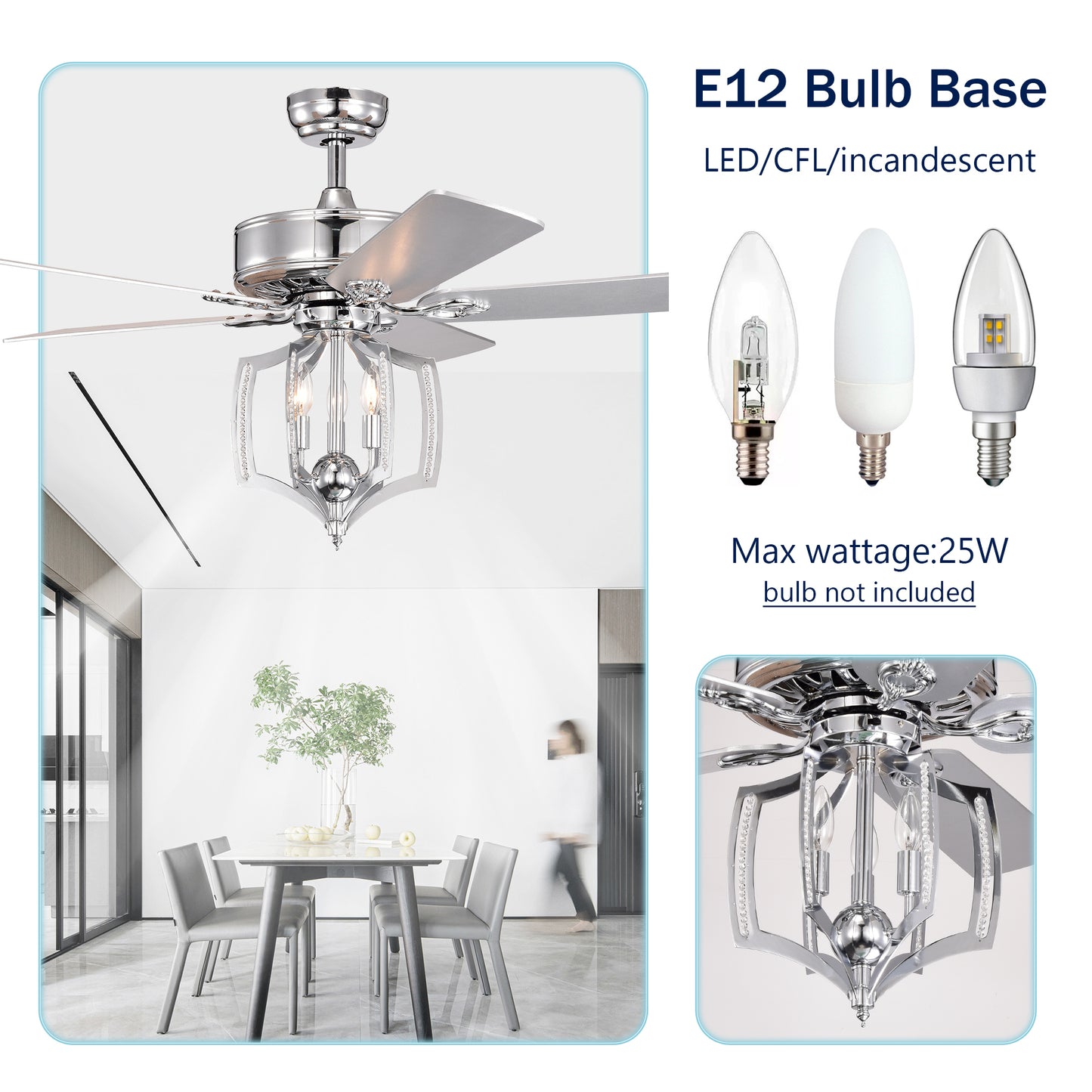 Ceiling Fans with Lights(no include bulb)  and Remote 52 Inch Bedroom Ceiling Fan with Light Crystal Chandelier Fans, Reversible Motor, Timer, Polished Chrome