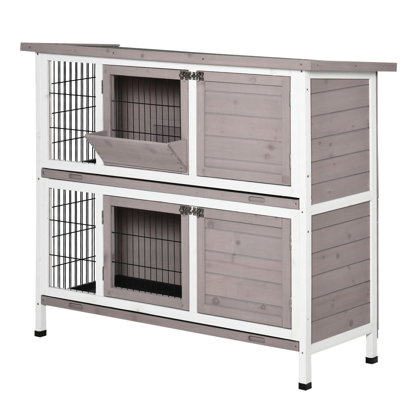 PawHut Indoor or Outdoor Rabbit Hutch with Quick on-the-Go Feeding, Wood Rabbit Cage, Long Hopping Distance, Medium Rabbit Hutch, 4 Door, No Leak Tray, Grey Brown