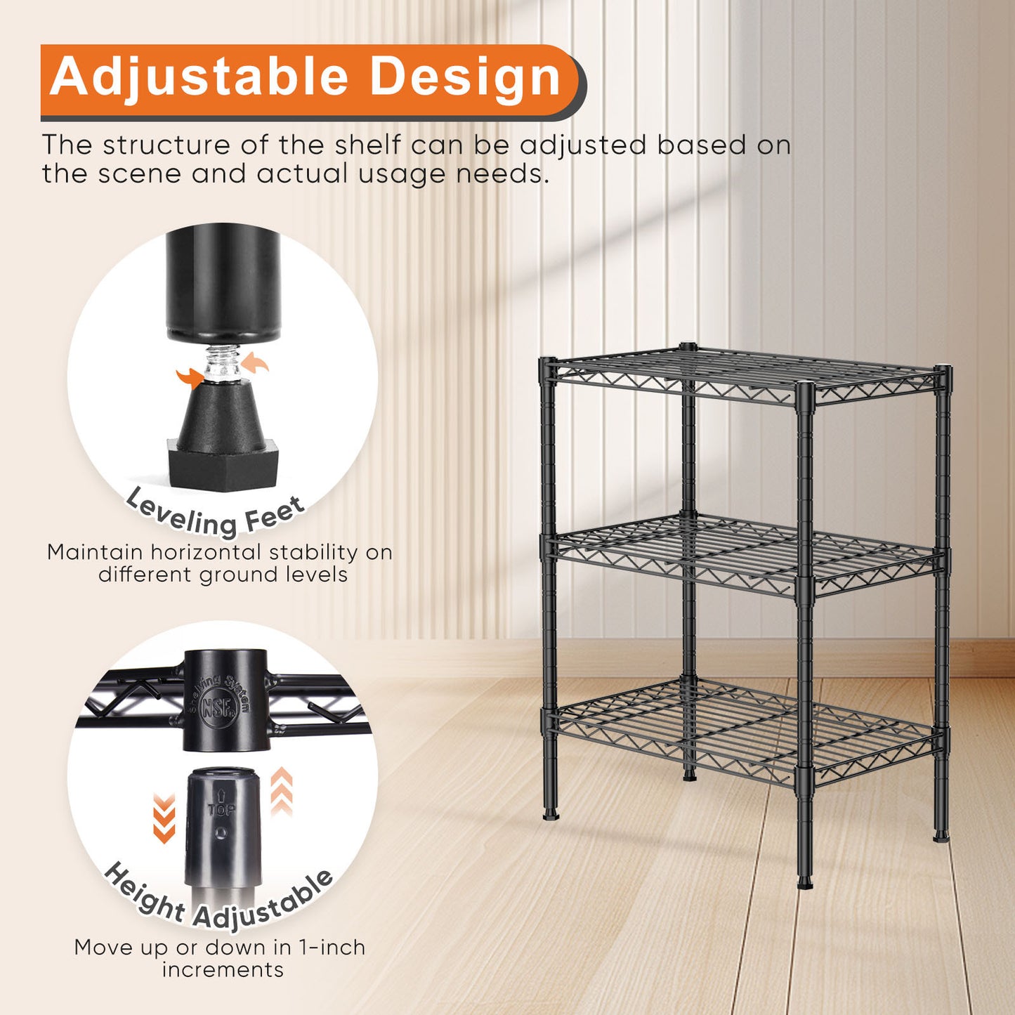 Storage Shelving Unit, Adjustable Metal Wire Racks Heavy Duty Standing Shelf Organizer for Kitchen, Closet, Pantry, Garage, Bathroom, Laundry,3-Tier