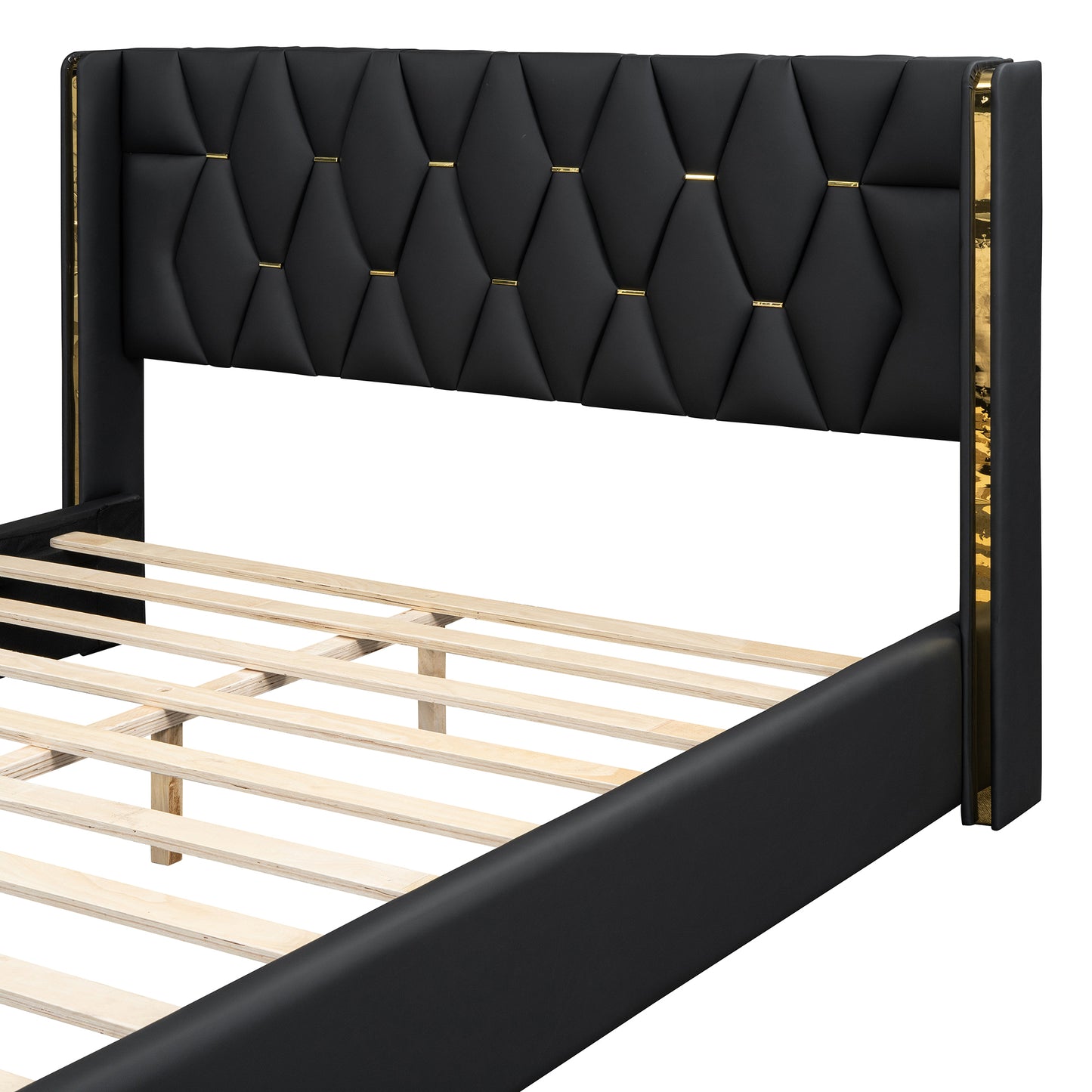 Queen Size Upholstered Platform Bed with Metal Strips, Black