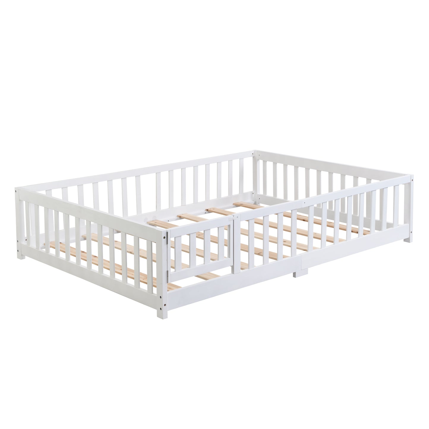 Queen Size Floor Bed with Door,Solid Wood Platform Bed Frame with Fence,Suitable for children,Pine Wood,White