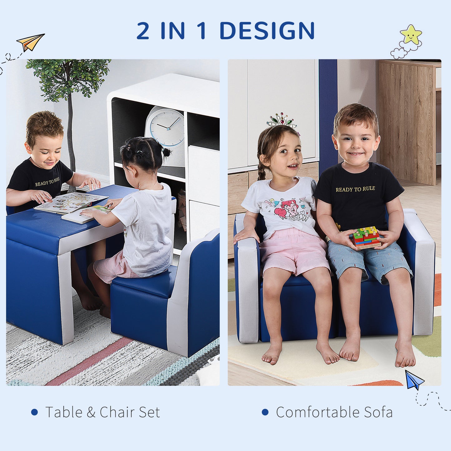 Kids Sofa Set 2-in-1 Multi-Functional Toddler Table Chair Set 2 Seat Couch Storage Box Soft Sturdy Blue