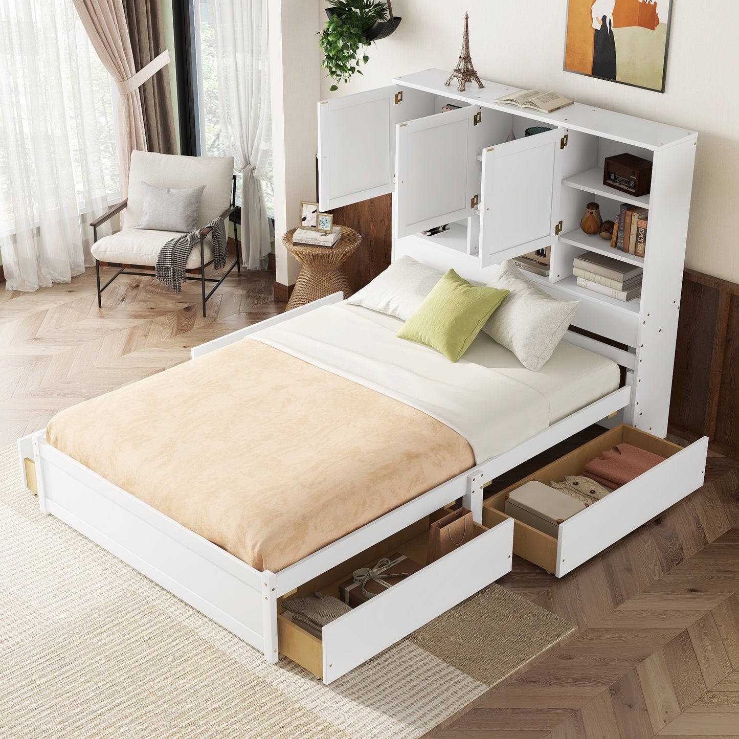 Queen Size Platform Bed with Storage Headboard and 4 Drawers, White