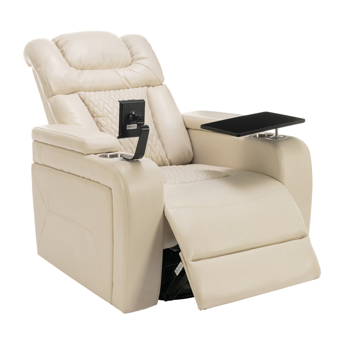 270 Degree Swivel PU Leather Power Recliner Individual Seat Home Theater Recliner with  Comforable Backrest, Tray Table,  Phone Holder, Cup Holder,  USB Port, Hidden Arm Storage for Living Room, White