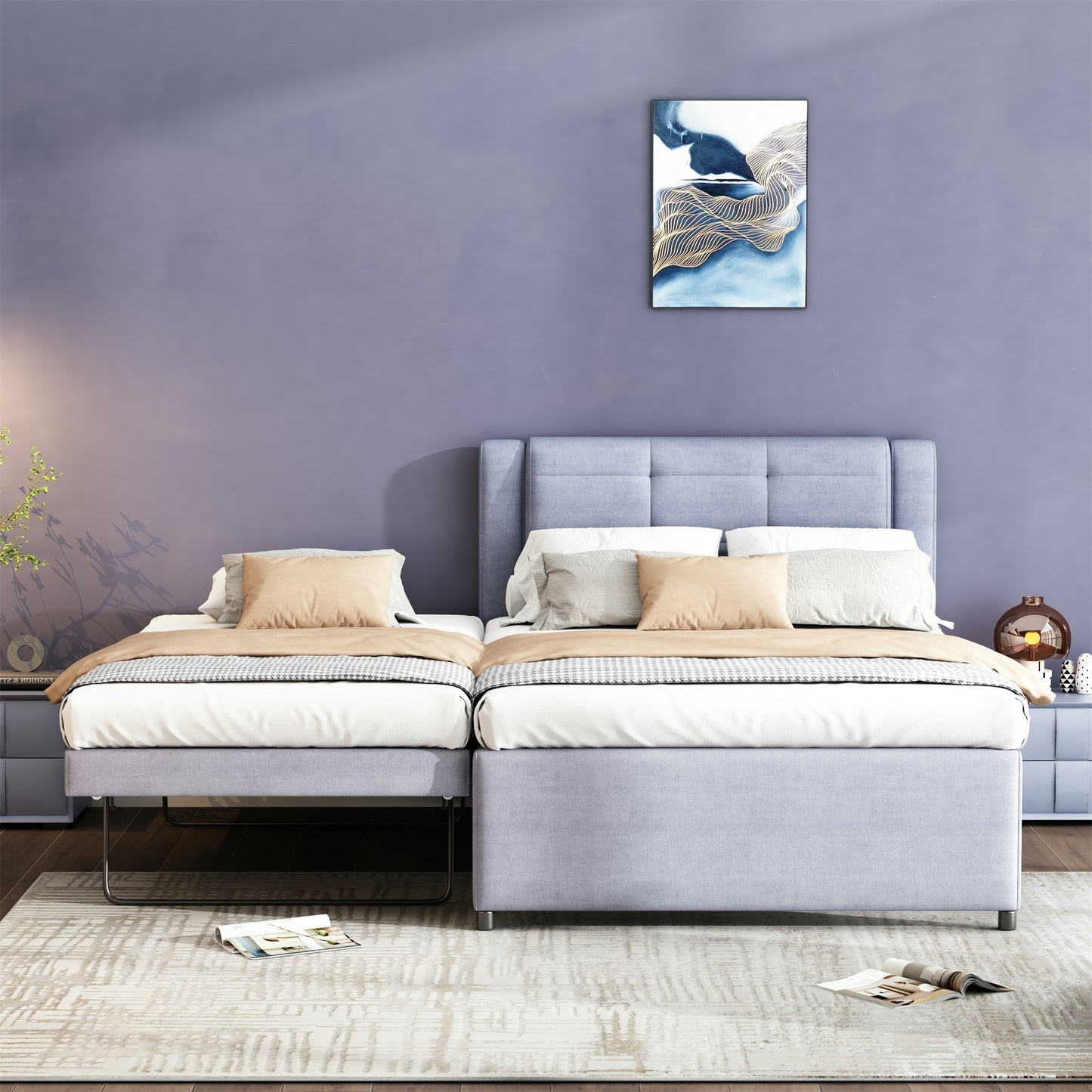 Full Size Upholstery platform bed with Trundle,Trundle can be flat or erected, Gray