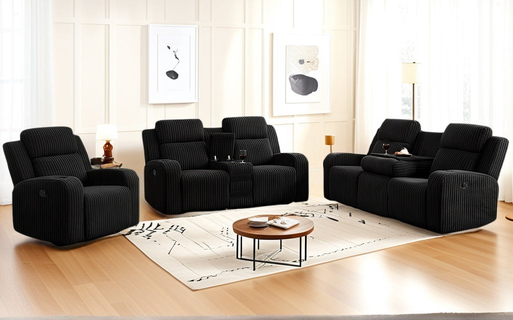 Recliner Sofa Set 1+2+3 Seat, Manual Recliner Faux Fur, Flipped Middle Backrest, Music Speaker, USB Charging Port, Wireless Charging Phone, Cup Holders, Reclining Couch for Living Room Black