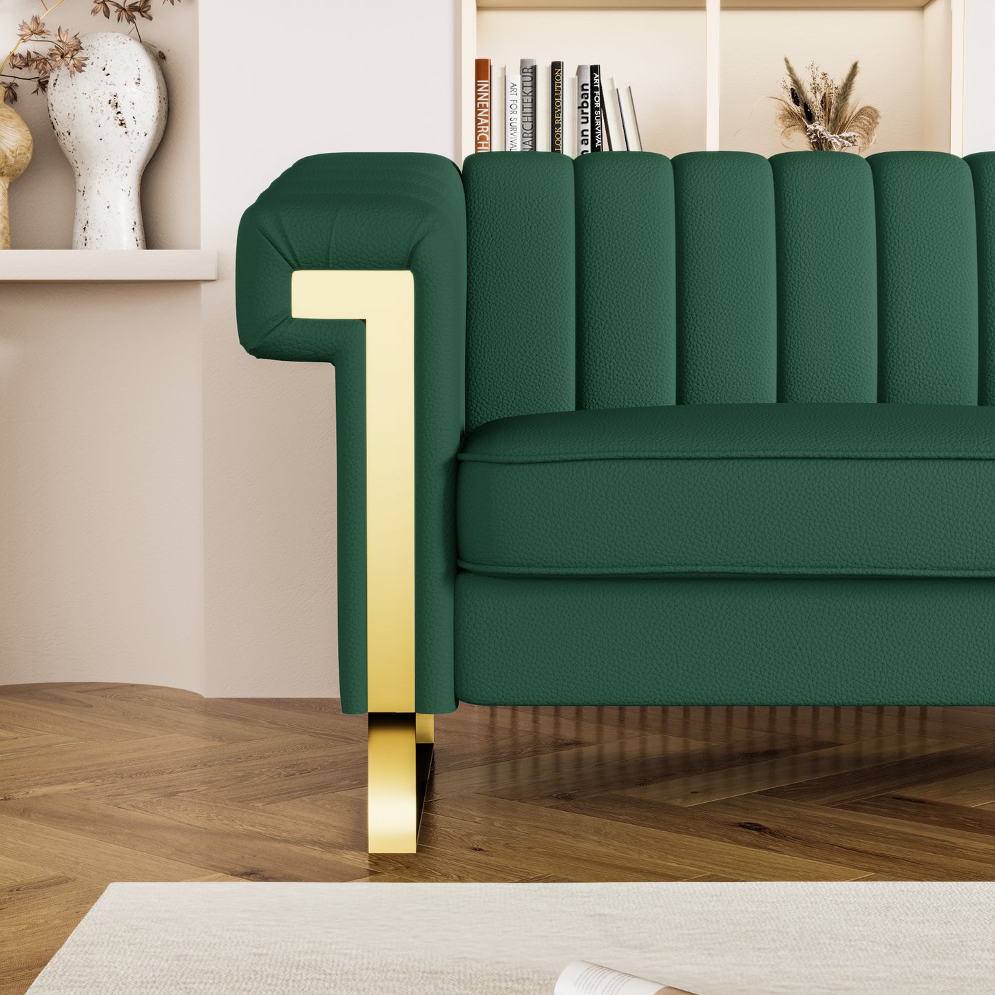 FX-P81PU-GR SOFA  Modern Green PU  Sofa with Gold Accents - Sleek Channel-Tufted Upholstery, 3-Seat Couch for Living Room and Office Decor(TEMU Suitable)