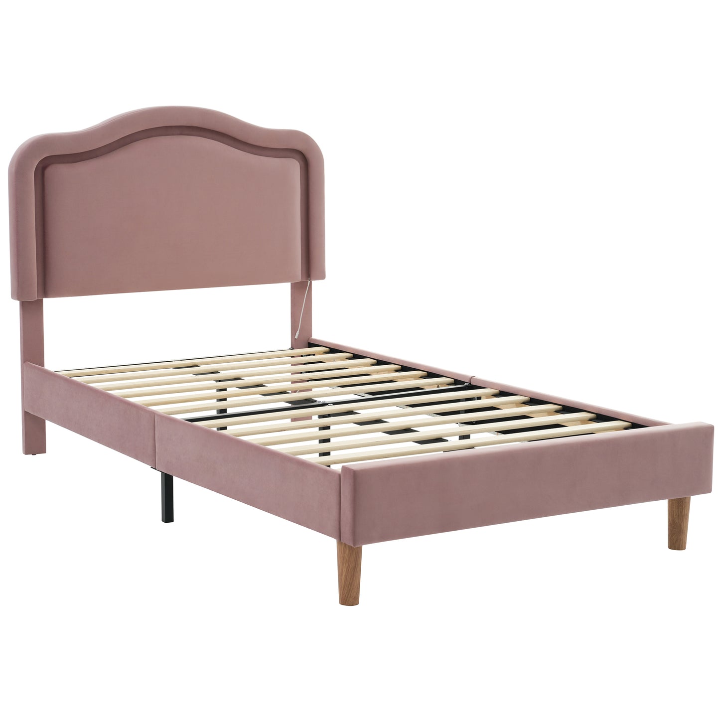 Twin Size Velvet Upholstered Smart LED Bed Frame with Adjustable Height Headboard,No Box Spring Needed,Easy Assembly,Pink