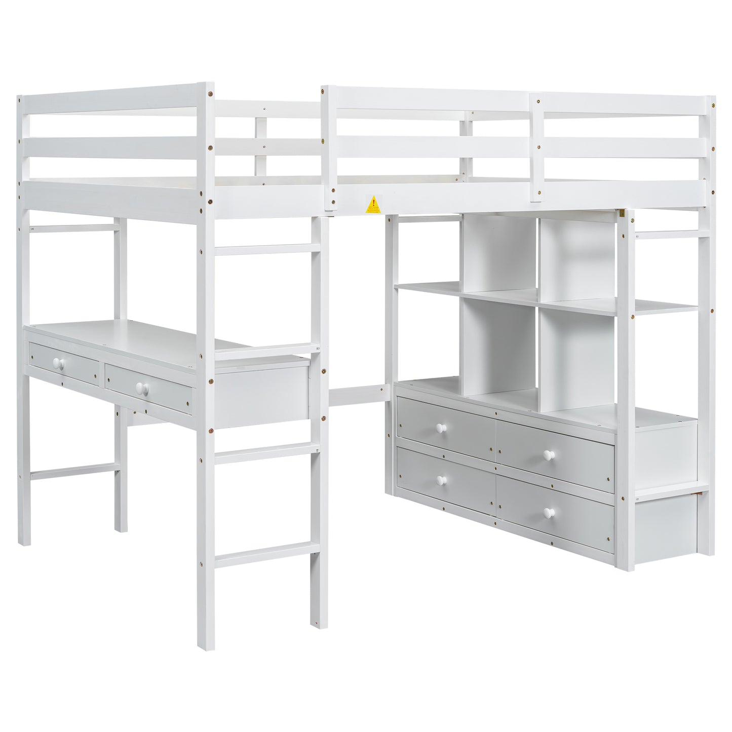 Full Size Loft Bed with Built-in Desk, Two Drawers, Storage Shelves, White Pine Wood Frame, 78.2''L x 57.5''W x 65''H