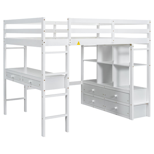 Full Size Loft Bed with Built-in Desk, Two Drawers, Storage Shelves, White Pine Wood Frame, 78.2''L x 57.5''W x 65''H