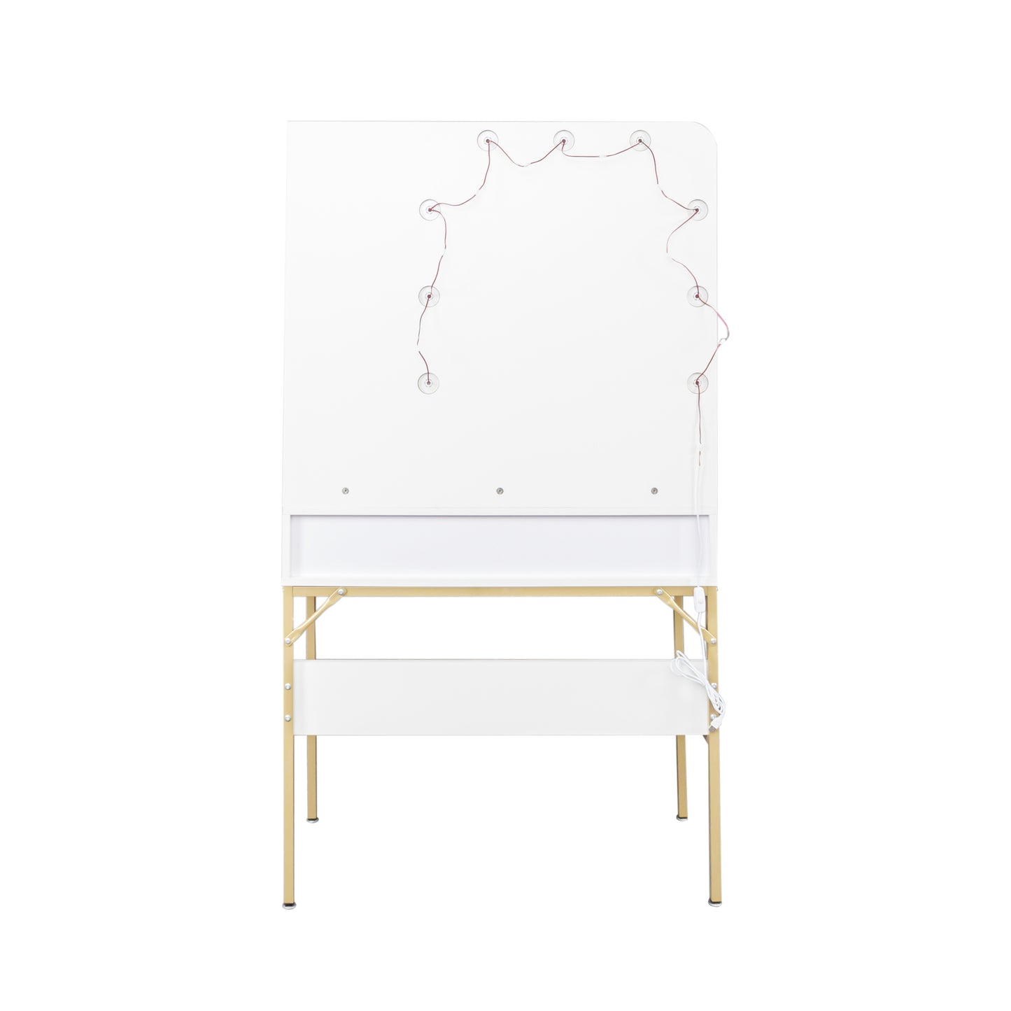 White modern simple vanity with stool, solid metal frame construction, 9 LED lights illuminate makeup mirror, adjustable brightness