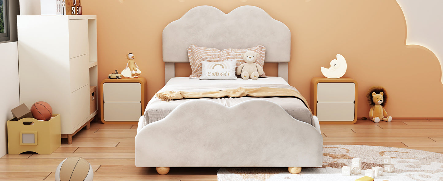 Twin Size Upholstered Platform Bed with Cloud Shaped bed board, Beige